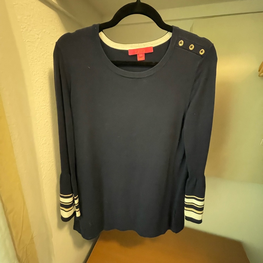 Lilly Pulitzer Navy Sweater with Flare sleeve detail and gold buttons